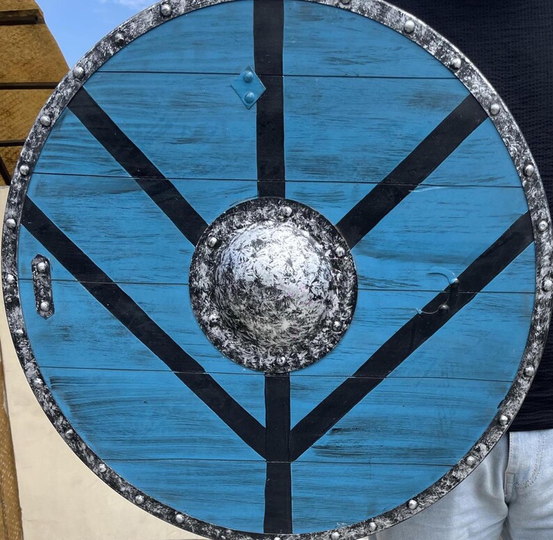Handcrafted Blue Viking Shield with Norse Cosplay LARP Décor view 3