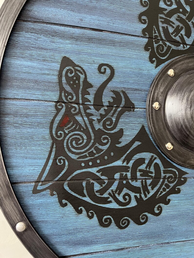 Handmade Viking Shield with Fenrir Wolf Knot Blue Wood LARP view 3