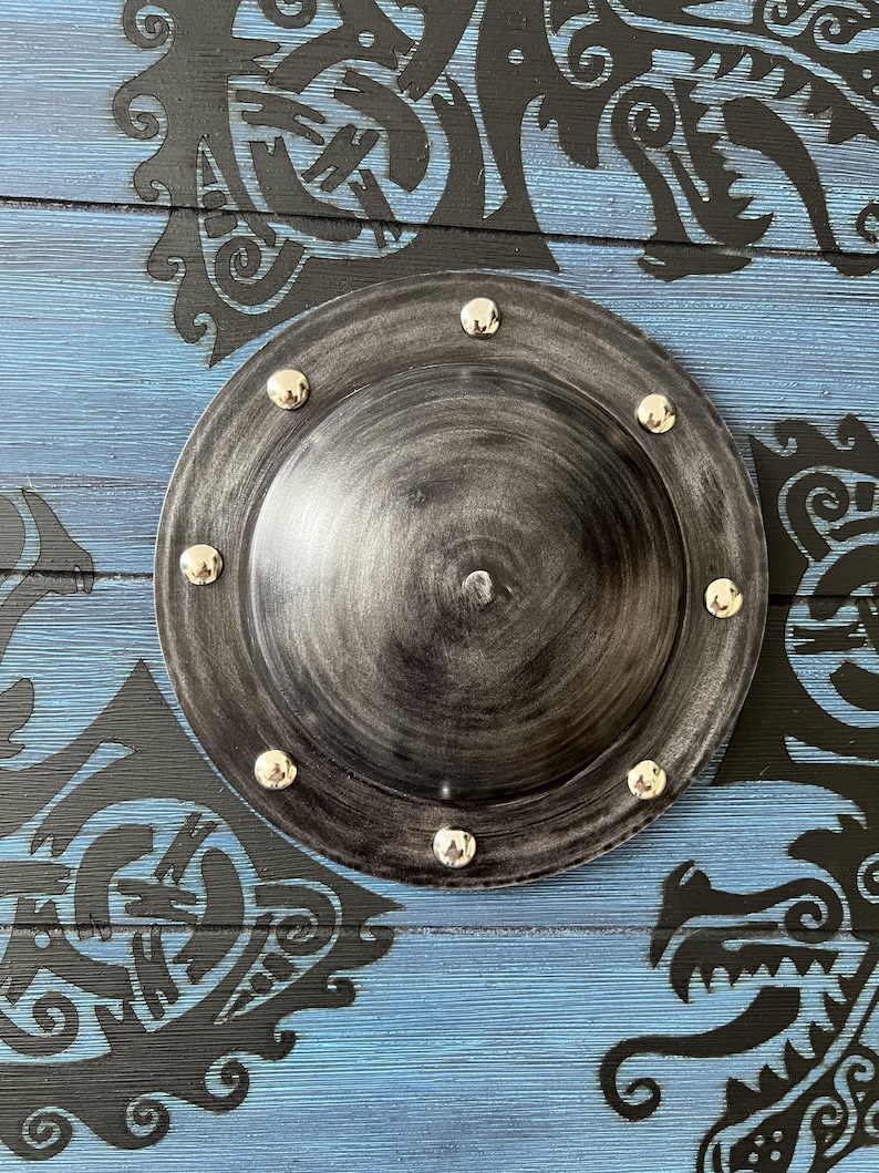 Handmade Viking Shield with Fenrir Wolf Knot Blue Wood LARP view 5