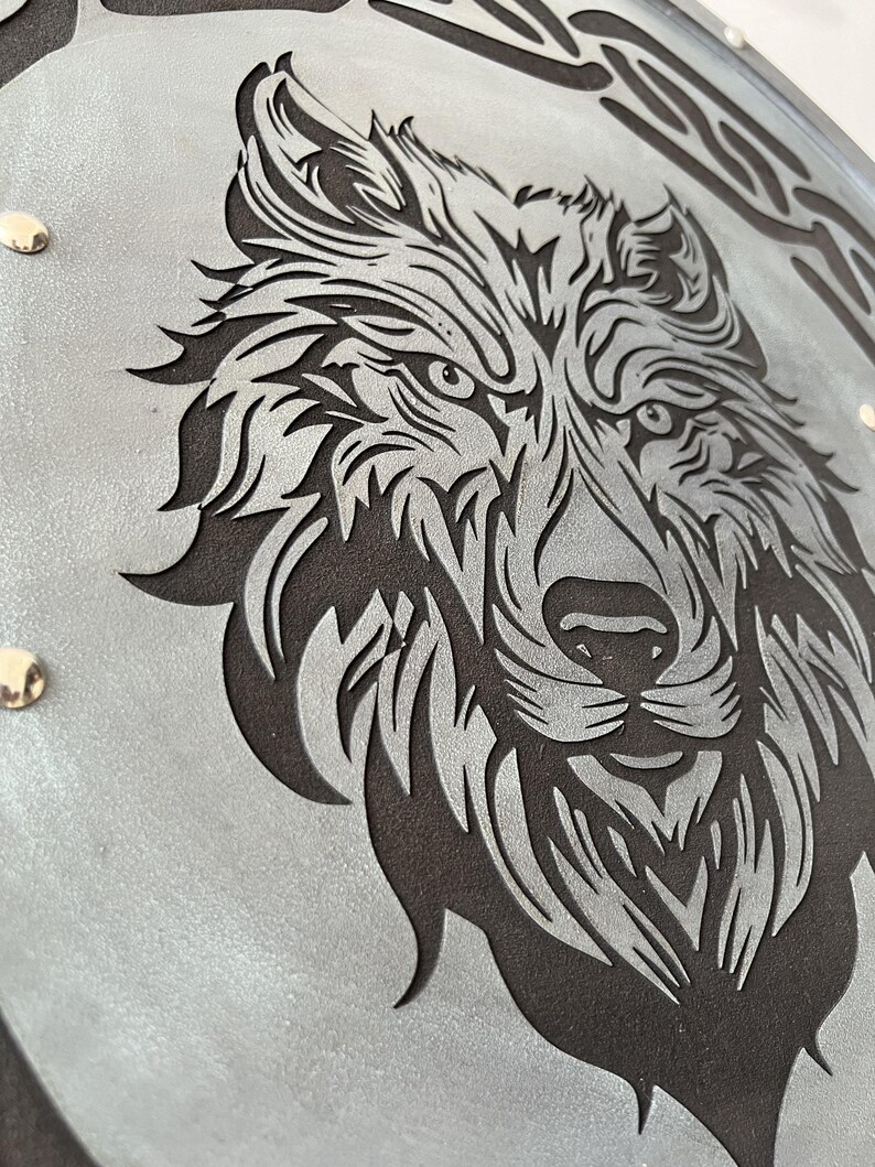 Handmade Engraved Viking Wolf Shield with Norse Celtic Knotwork view 2