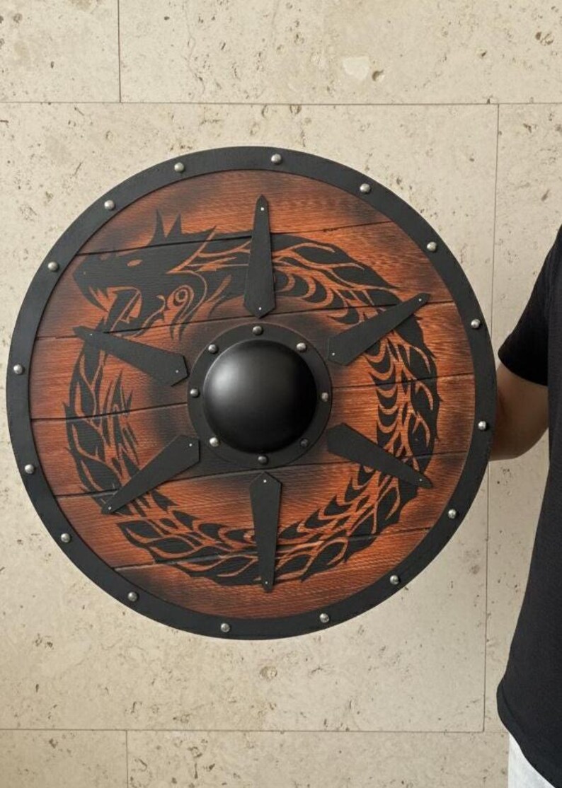 Handmade Viking Jormungandr Wooden Shield with Norse Wall Décor view 4