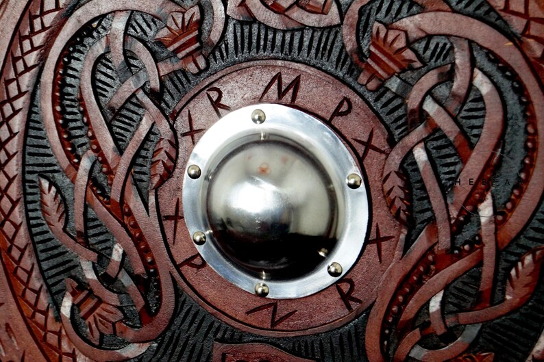 Hand-Carved Wooden Viking Shield with Norse Décor view 6