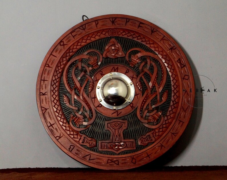 Hand-Carved Wooden Viking Shield with Norse Décor view 8