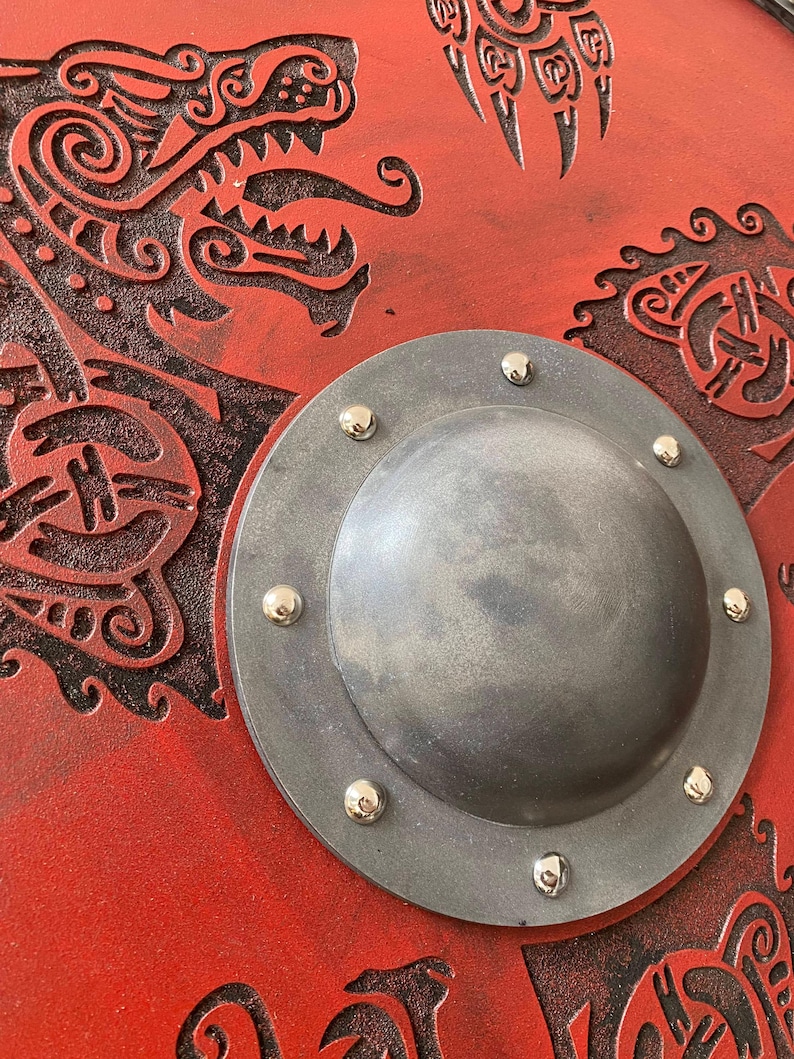 Hand Engraved Viking Wolf Shield with Red Norse Décor LARP view 3