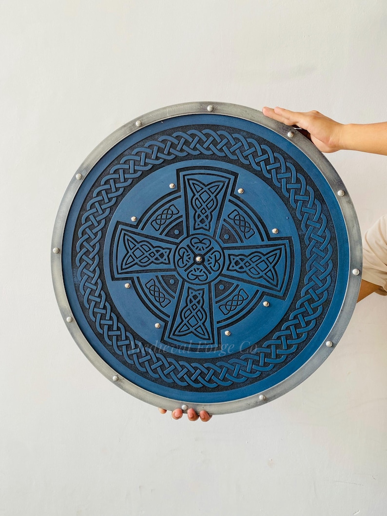 Hand Engraved Celtic Cross Shield with Norse Viking Décor view 5