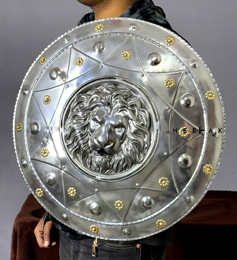 Handcrafted Medieval Lion Shield with Battle-Ready Knight view 2