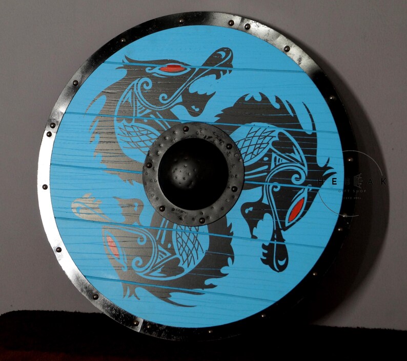 Fenrir Grey Wolf Viking Shield with Norse Warrior view 4
