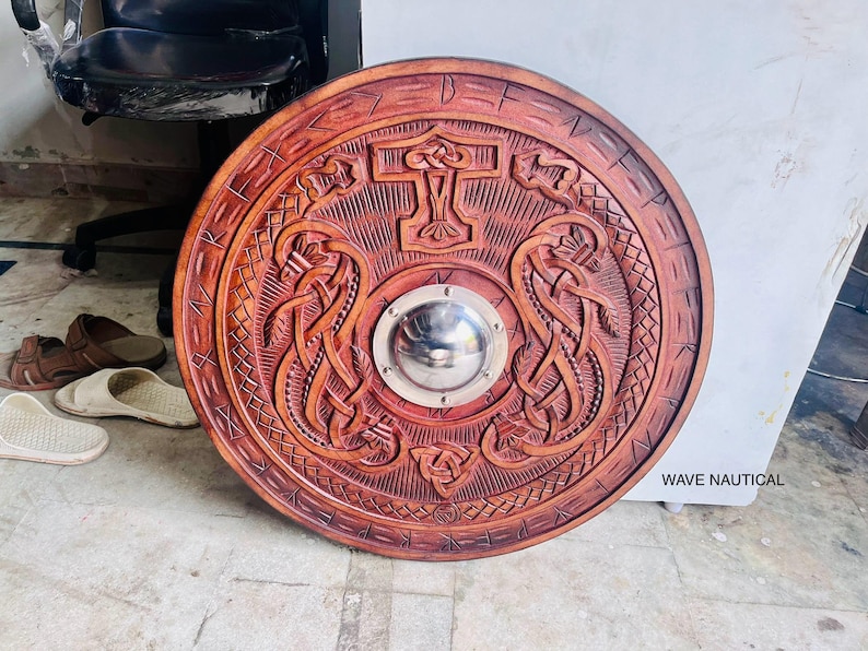 Wooden Carved Shield with Battle Ready Viking Round, Wolf Dragon view 3