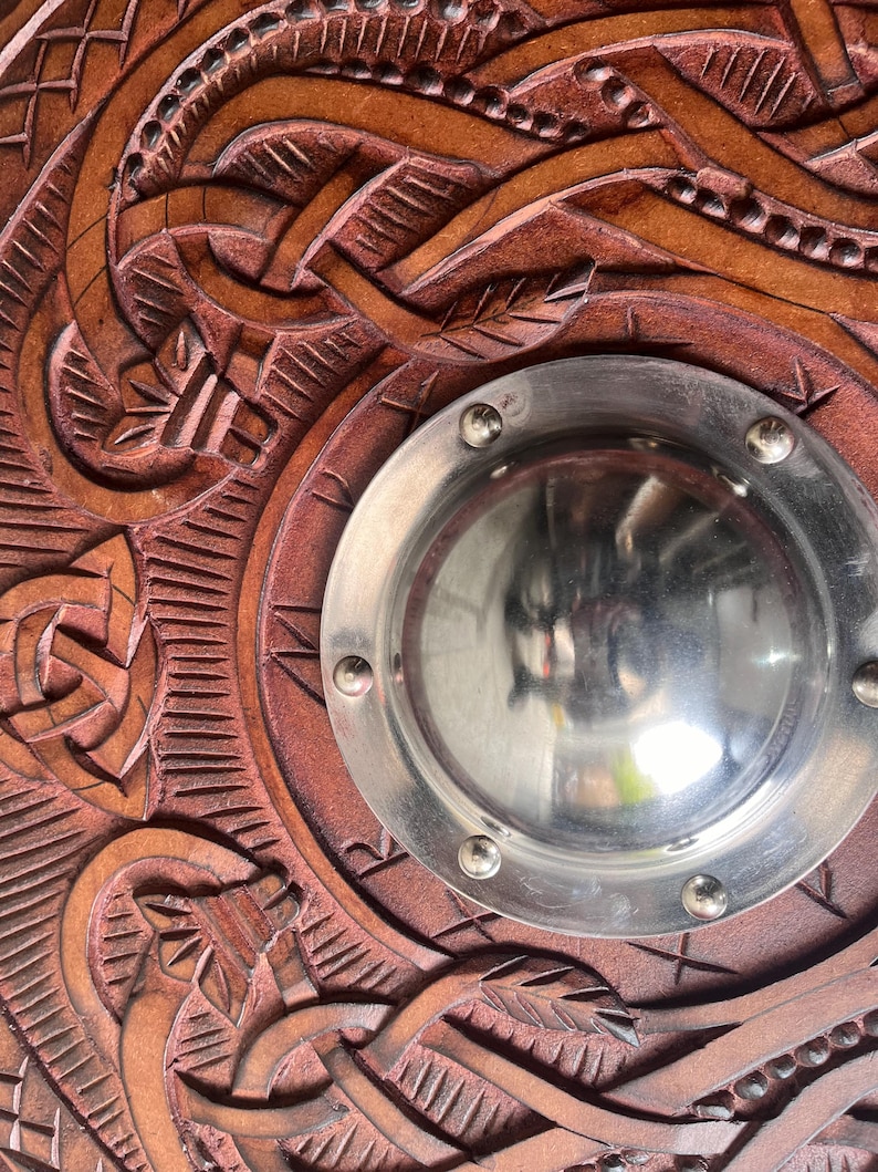 Wooden Carved Shield with Battle Ready Viking Round, Wolf Dragon view 4