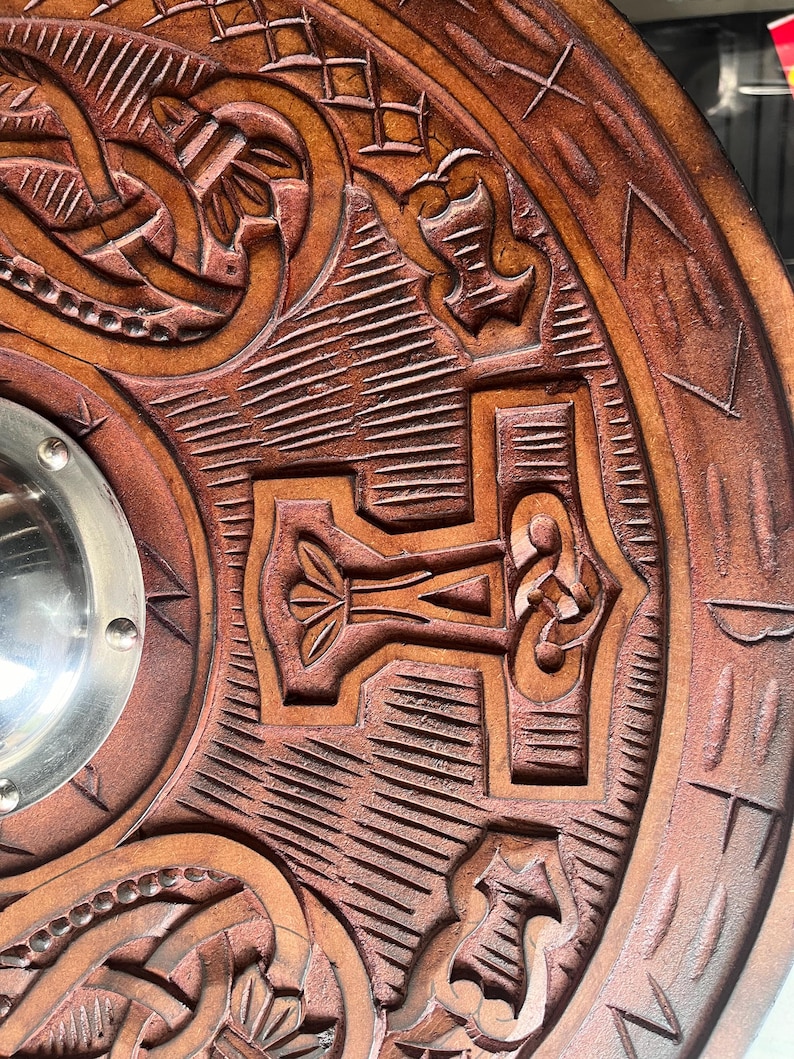 Wooden Carved Shield with Battle Ready Viking Round, Wolf Dragon view 5