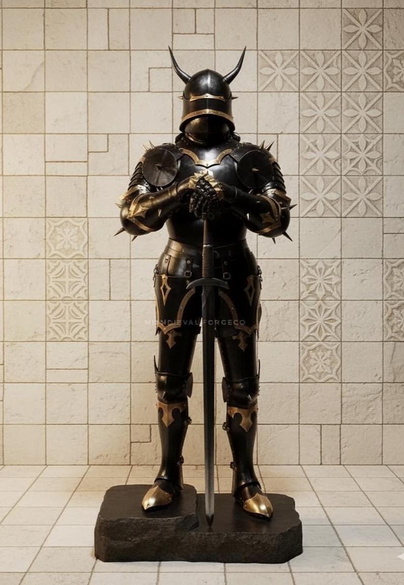 Medieval Black Gothic Knight Demon Armor with Horned Dark Fantasy Plate view 4