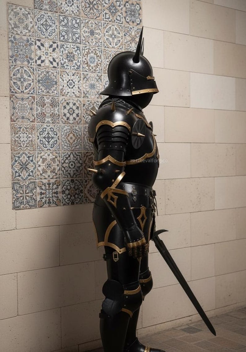Medieval Black Gothic Knight Demon Armor with Horned Dark Fantasy Plate view 8