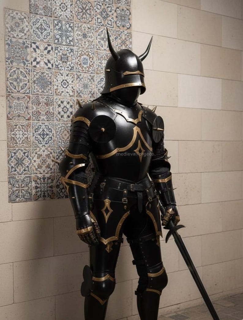 Medieval Black Gothic Knight Demon Armor with Horned Dark Fantasy Plate view 9