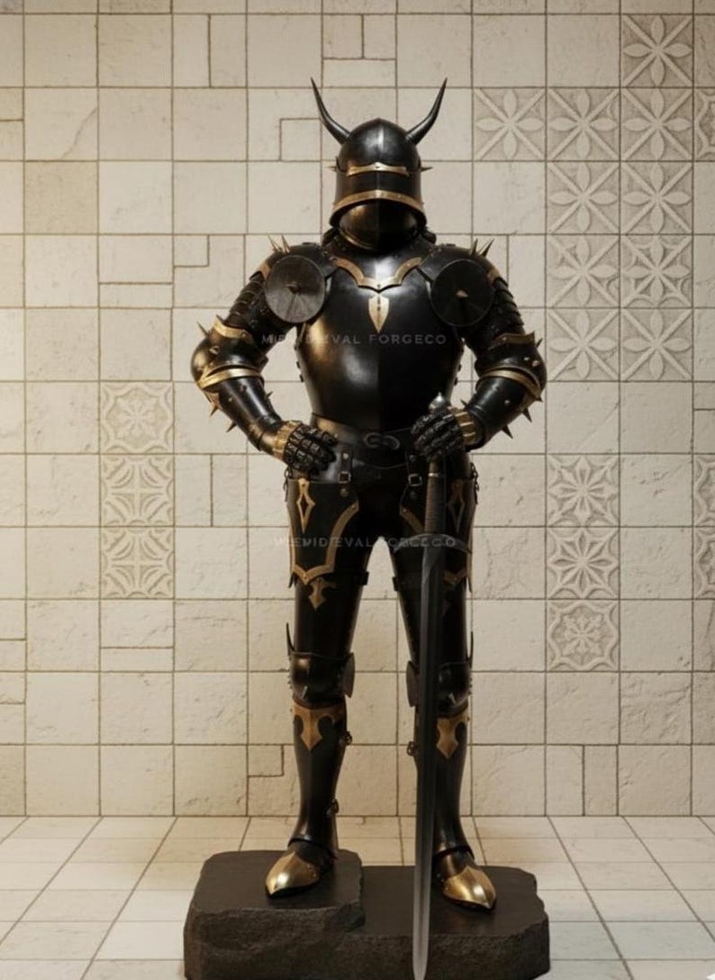 Medieval Black Gothic Knight Demon Armor with Horned Dark Fantasy Plate view 11