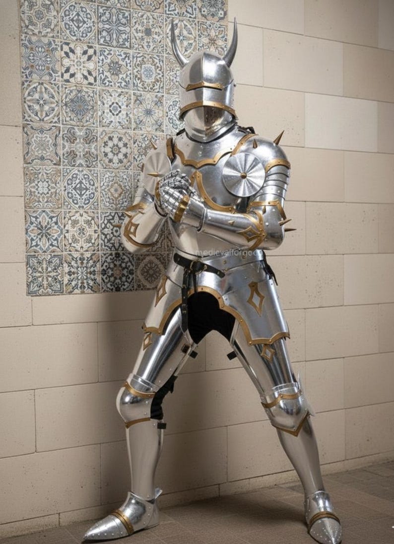 Medieval Black Gothic Knight Demon Armor with Horned Dark Fantasy Plate view 12