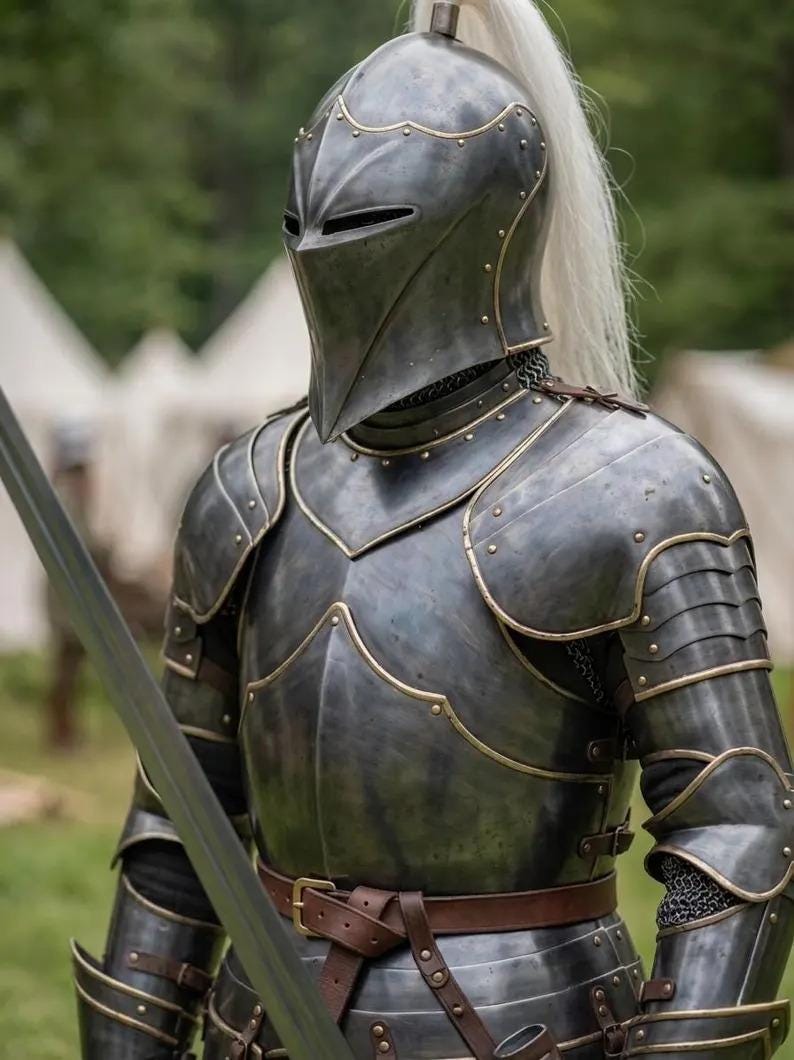 Dark Gothic Knight Armor Set with Brass Finish and Crusader Eagle view 2