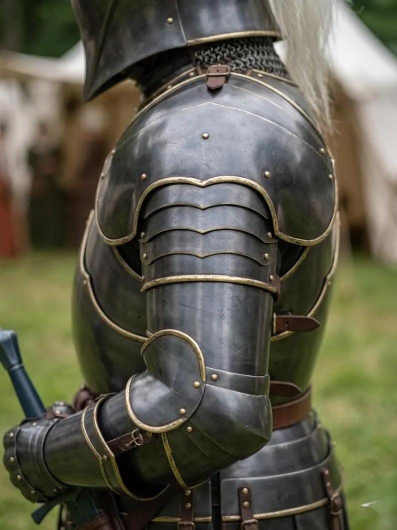 Dark Gothic Knight Armor Set with Brass Finish and Crusader Eagle view 4