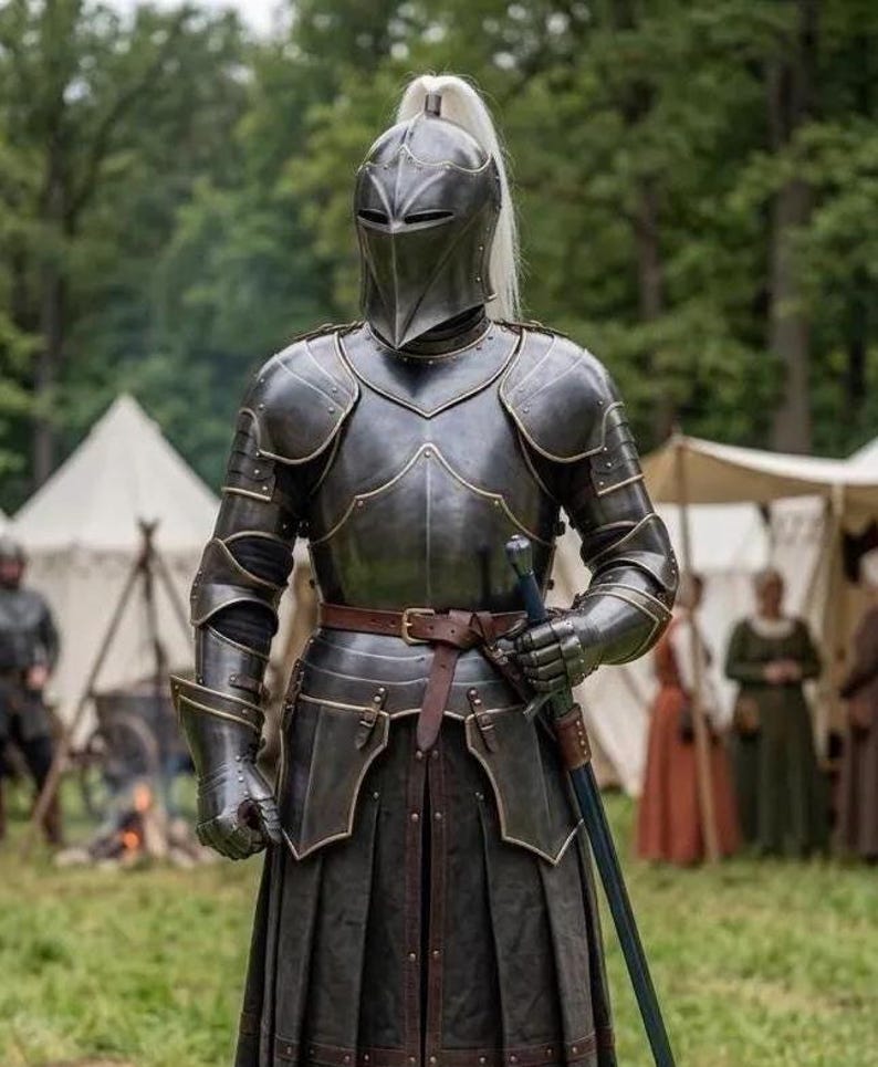 Dark Gothic Knight Armor Set with Brass Finish and Crusader Eagle view 6