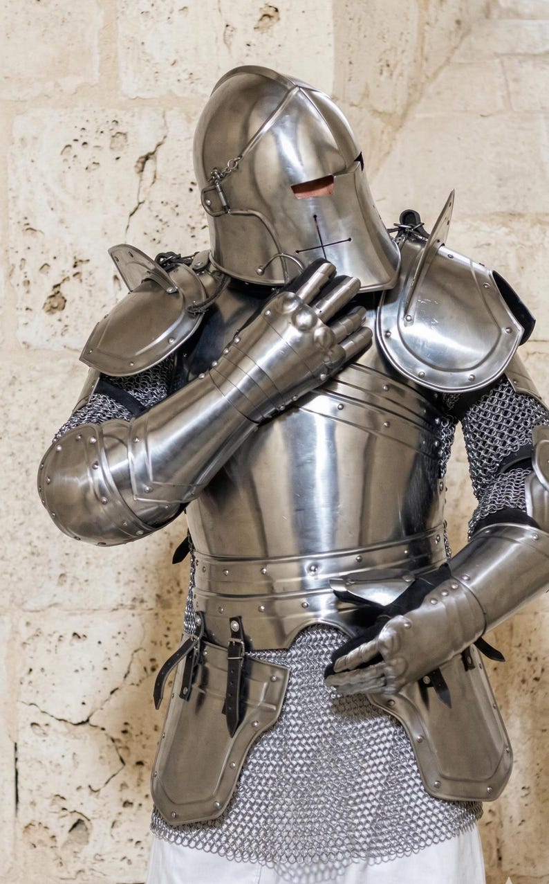 Dark Knight Barbuta Full Armor Set with Crusader Gothic LARP Design view 2