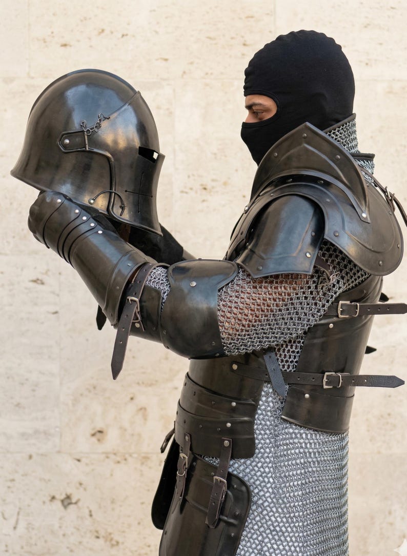 Dark Knight Barbuta Full Armor Set with Crusader Gothic LARP Design view 9