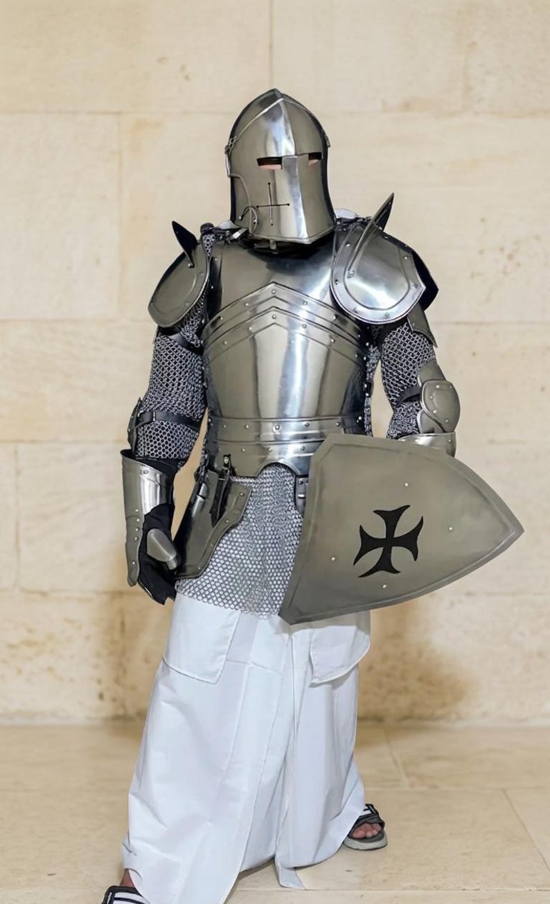 Dark Knight Barbuta Full Armor Set with Crusader Gothic LARP Design view 10