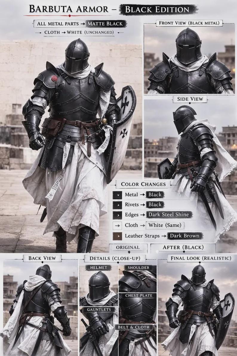 Dark Knight Barbuta Full Armor Set with Crusader Gothic LARP Design view 13