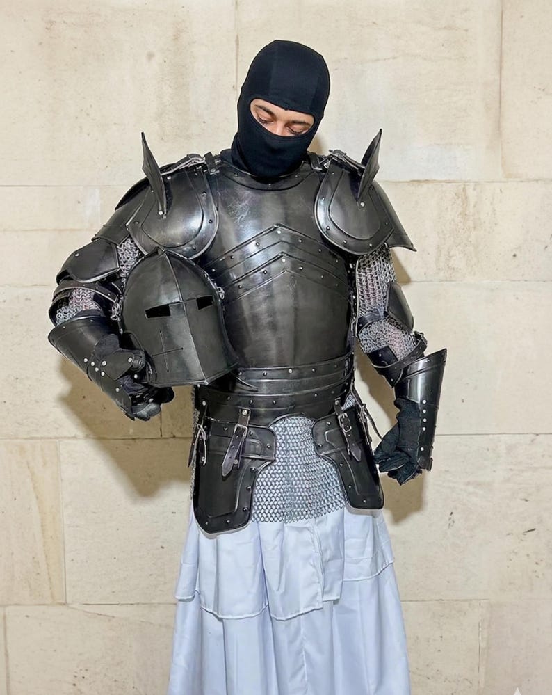 Dark Knight Barbuta Full Armor Set with Crusader Gothic LARP Design view 15