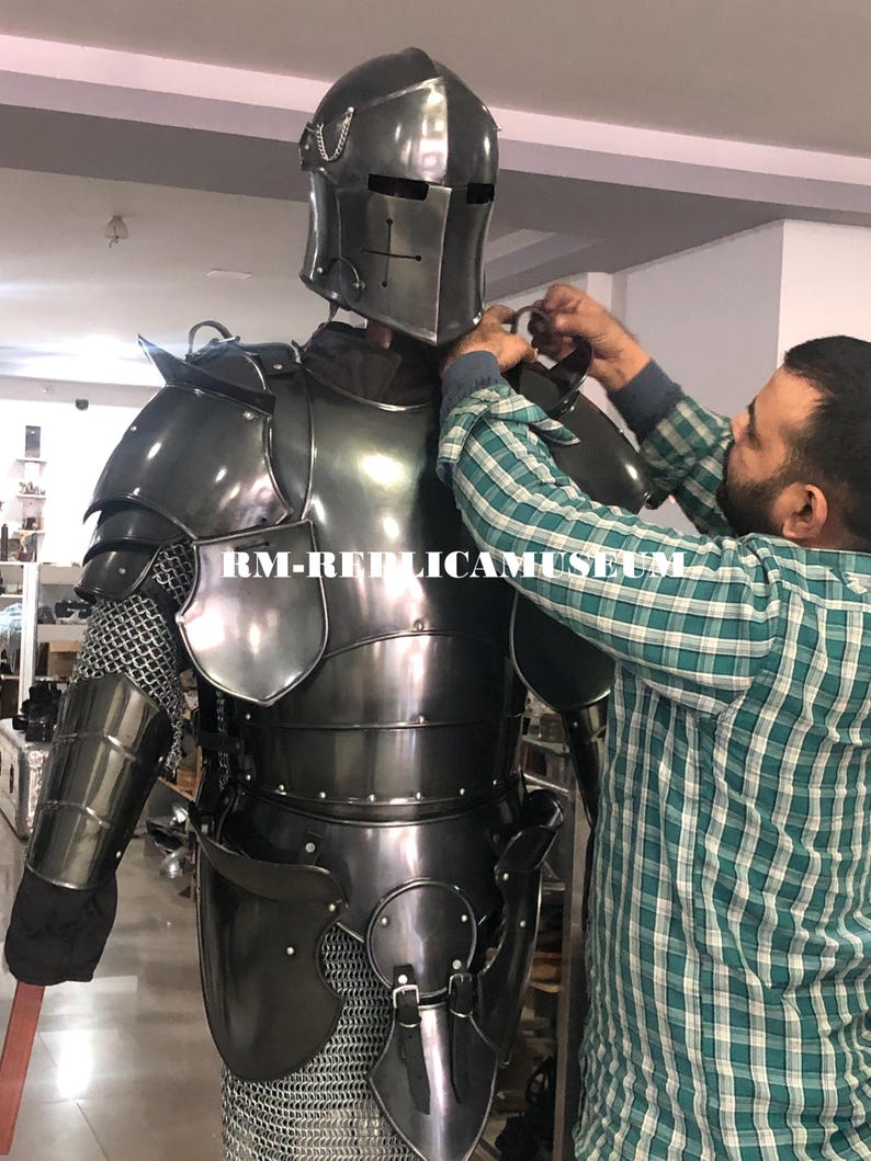 Dark Barbuta Knight Armor Full Suit in 18-Gauge Steel Medieval view 6