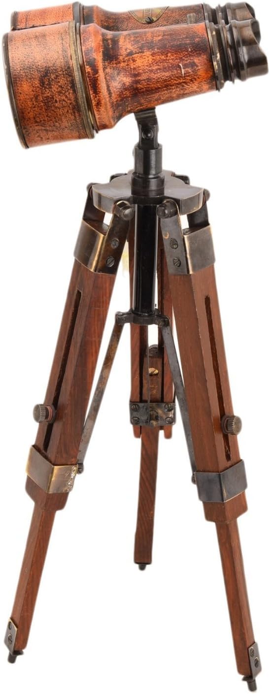 Brass Binocular with Red Leather Wrap and Wooden Tripod Stand view 2