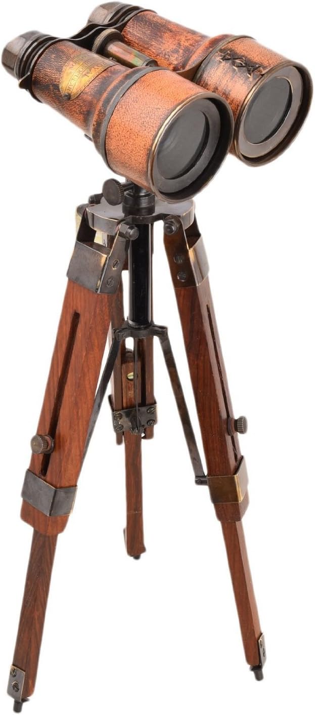 Brass Binocular with Red Leather Wrap and Wooden Tripod Stand view 5