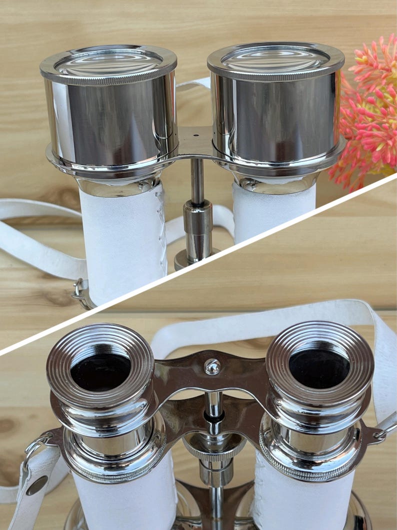 Nickel Chrome Brass Binocular with White Leather Wrap and Case view 10