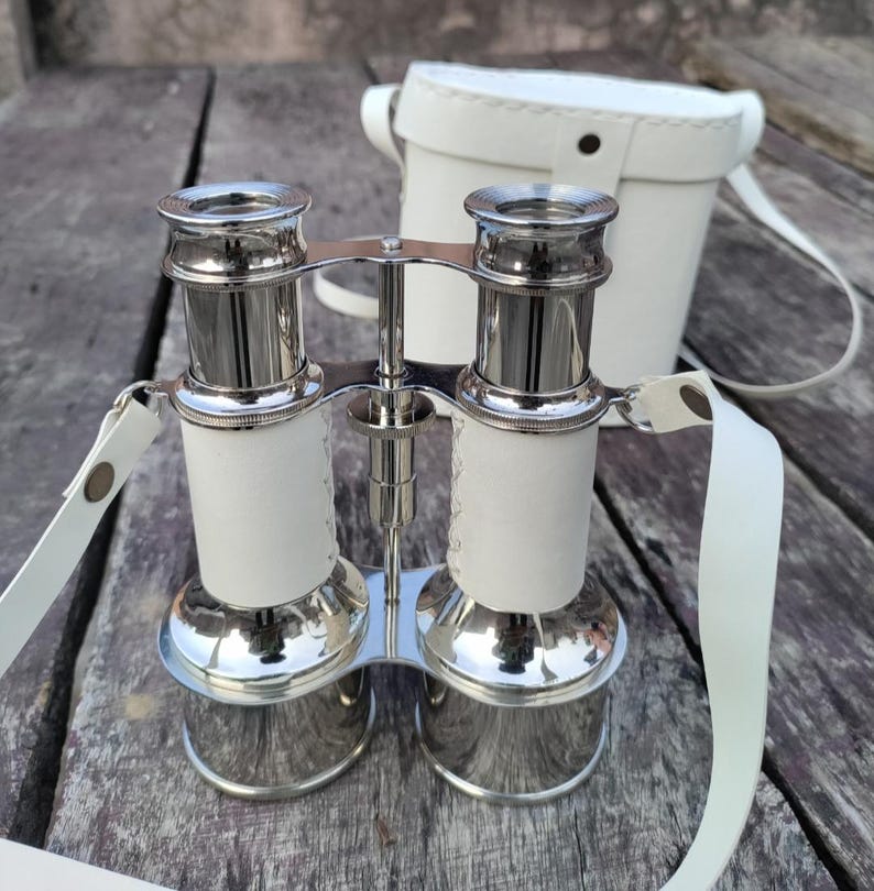 Nickel Chrome Brass Binocular with White Leather Wrap and Case view 11