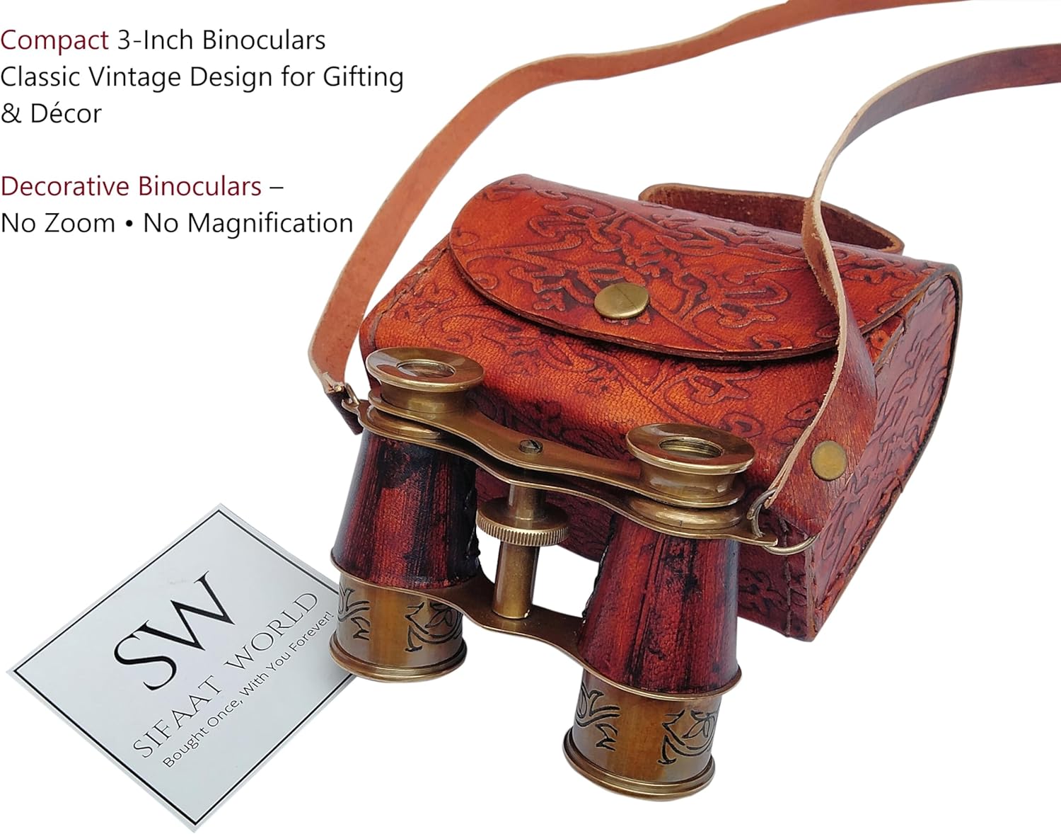 Compact Antique Brass Binocular with Red Leather Case view 2