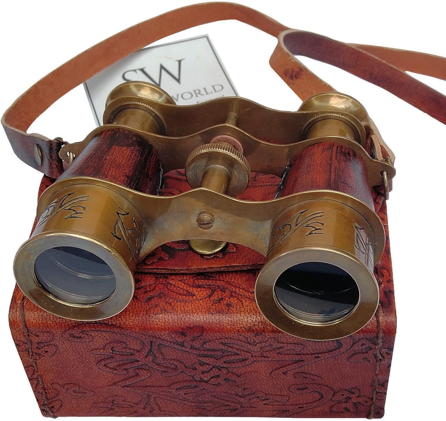 Compact Antique Brass Binocular with Red Leather Case view 4