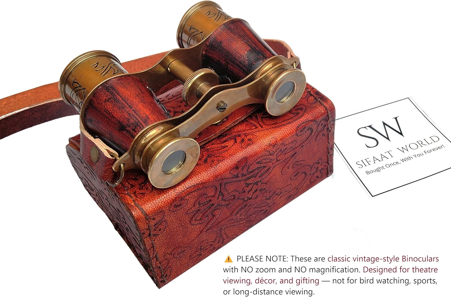 Compact Antique Brass Binocular with Red Leather Case view 5