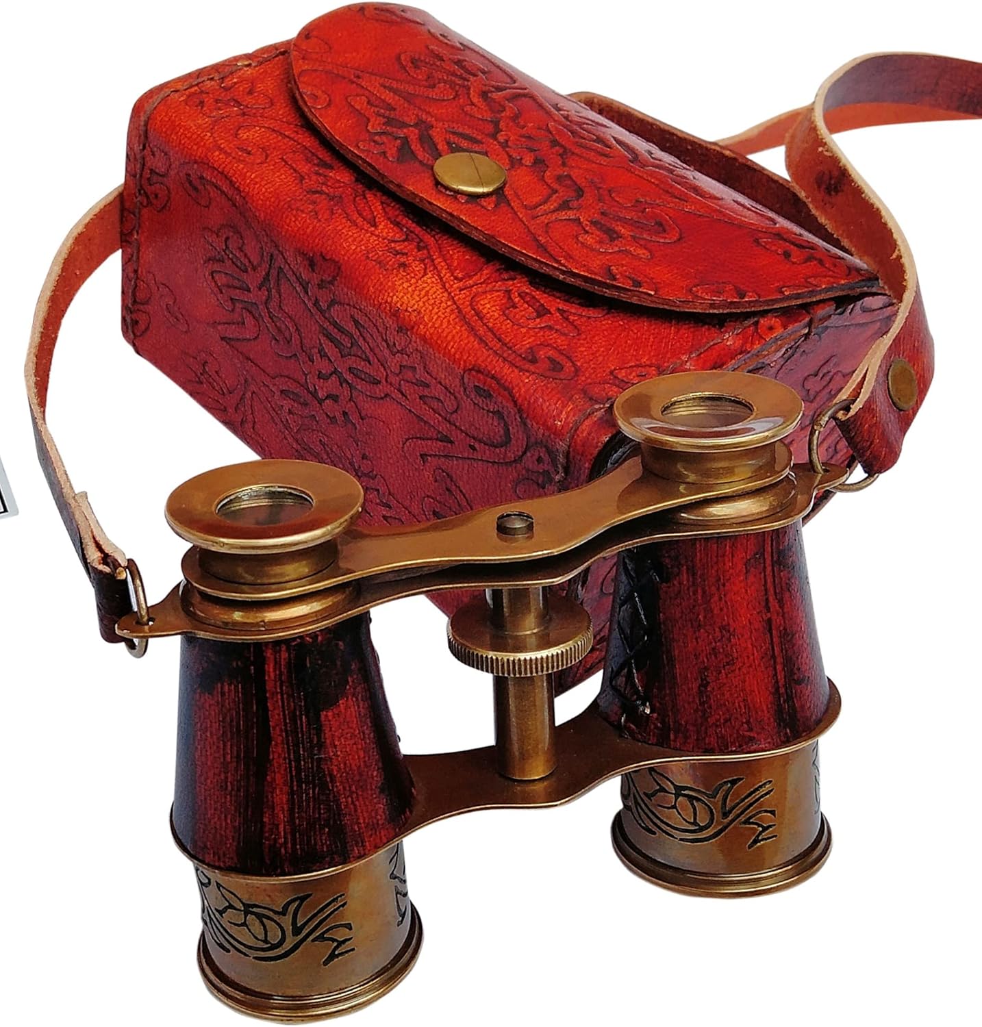 Compact Antique Brass Binocular with Red Leather Case view 7