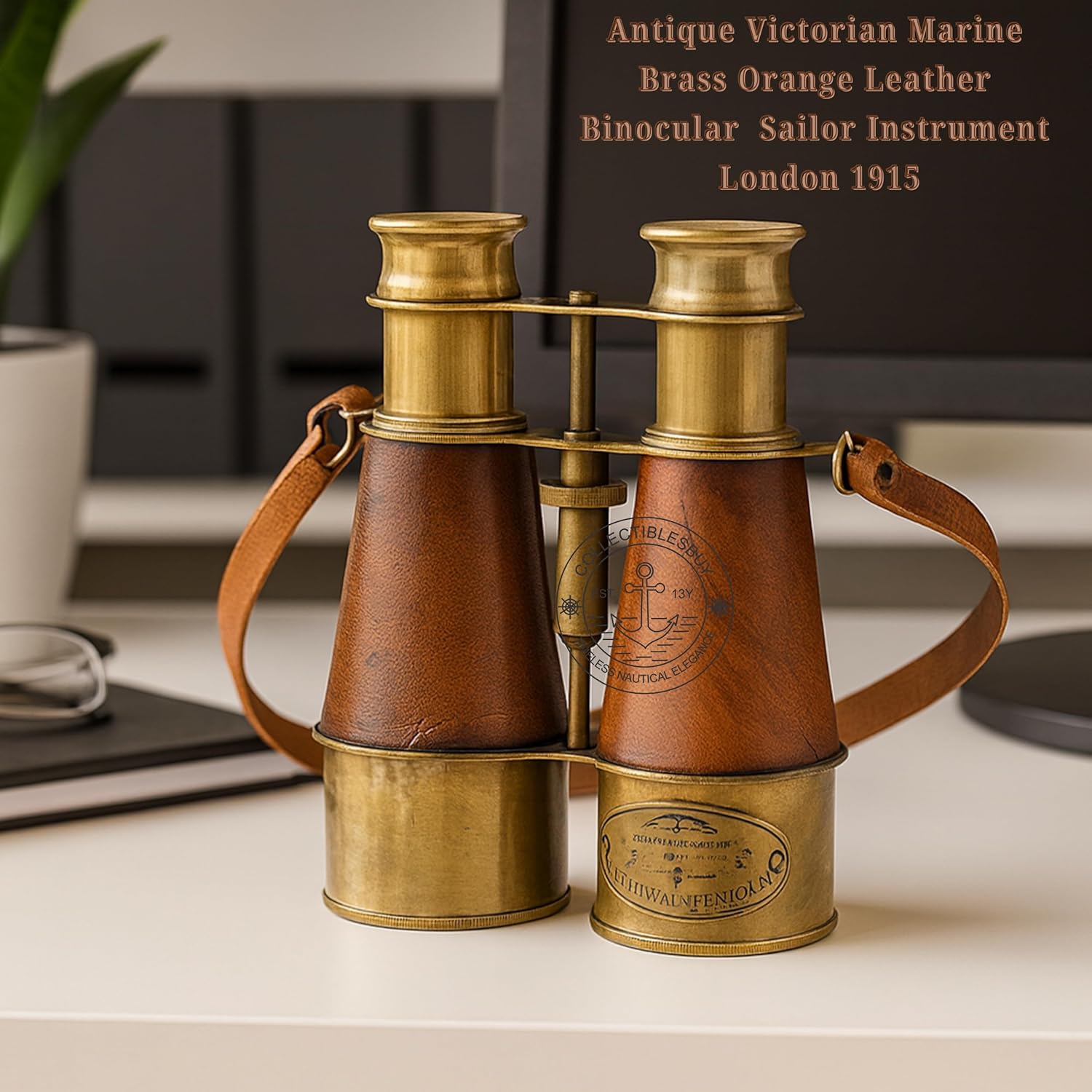 Victorian Brass Marine Binocular with Red Leather Wrap and Case view 5