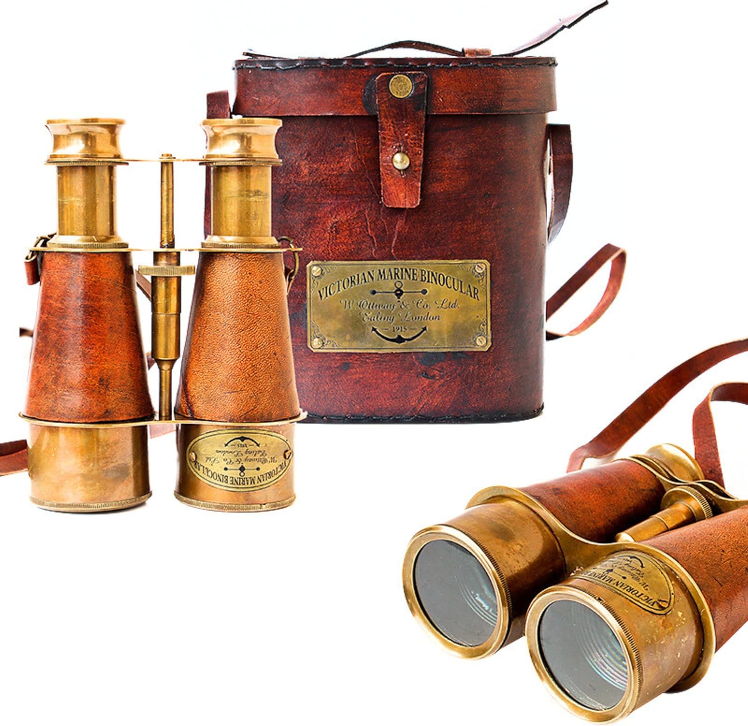 Victorian Brass Marine Binocular with Red Leather Wrap and Case view 9