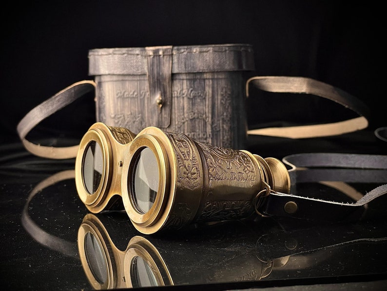Antique Brass Binocular with Intricate Detail and Red Leather Case view 4