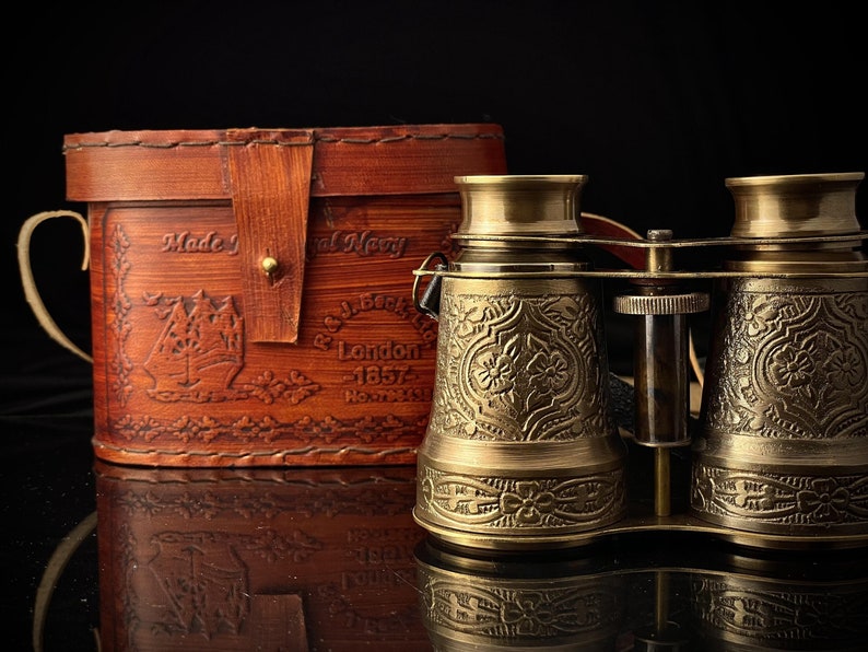 Antique Brass Binocular with Intricate Detail and Red Leather Case view 8