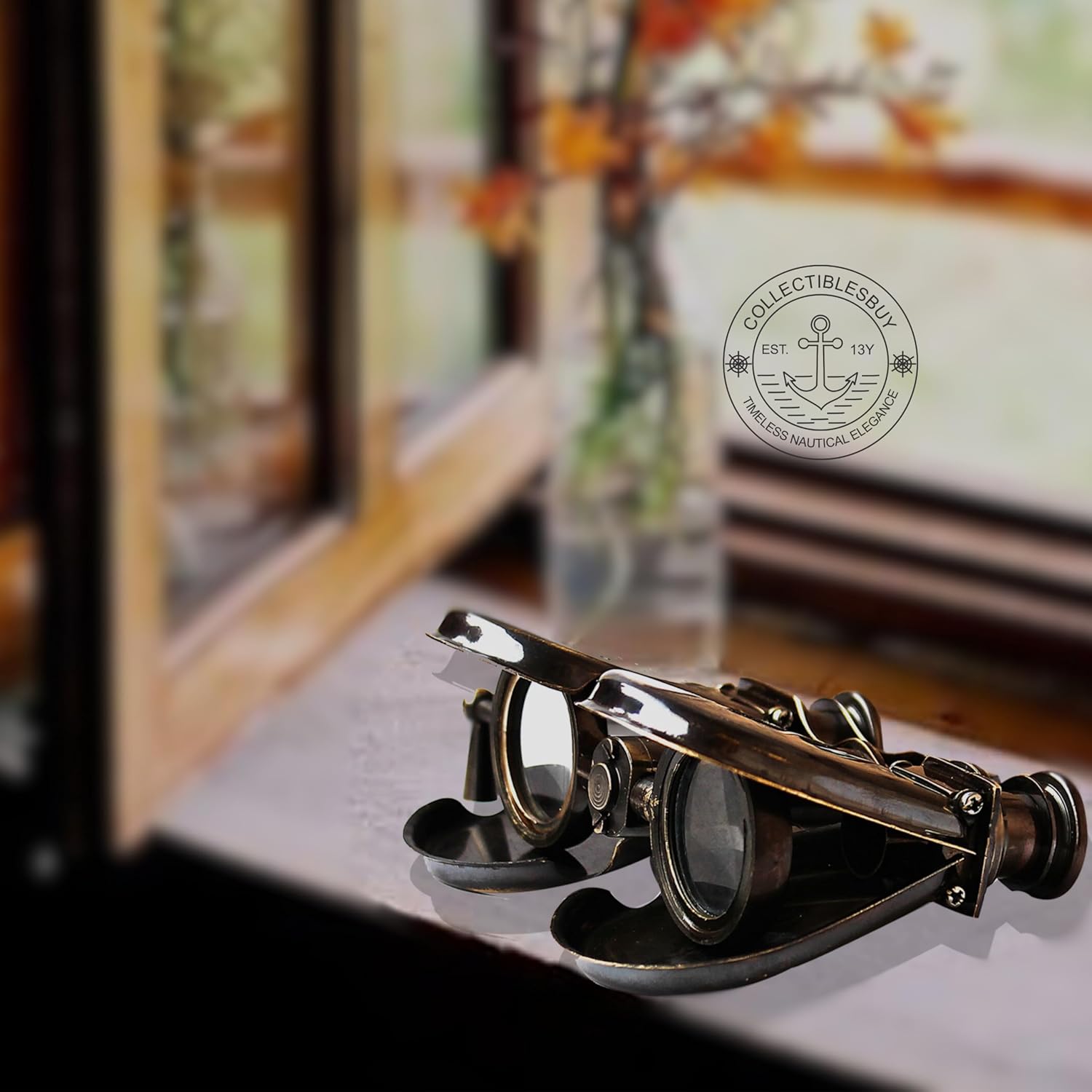 Folding Brass Binocular with Cream Leather Case view 2