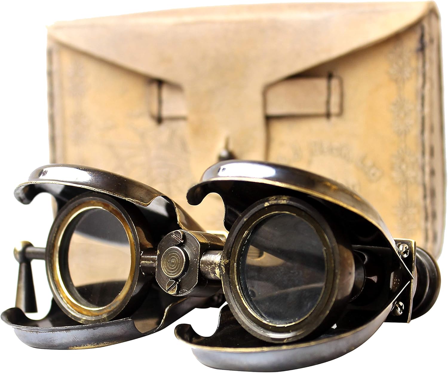 Folding Brass Binocular with Cream Leather Case view 7