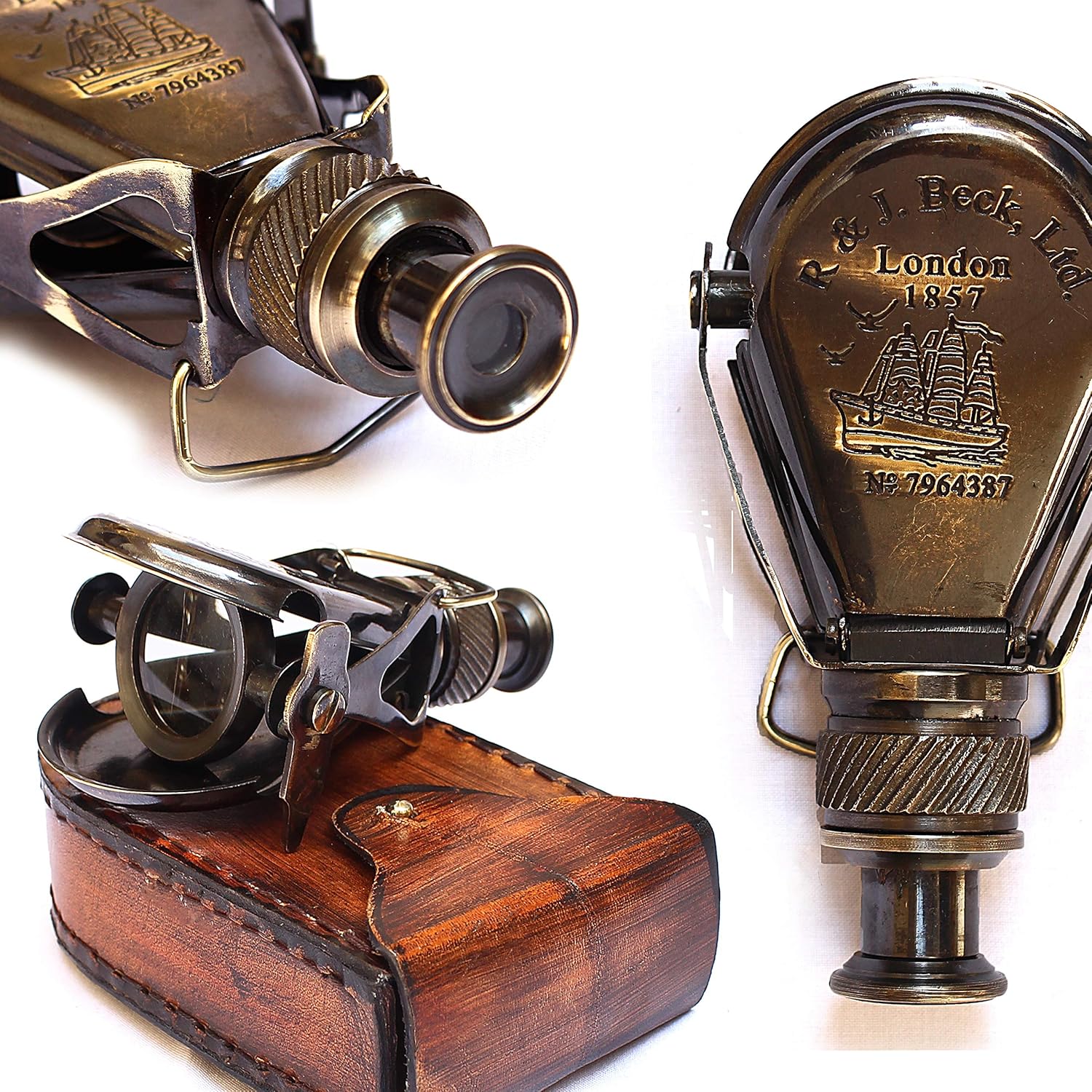 Folding Brass Monocular with Red Leather Case view 3