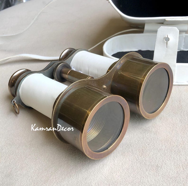 Antique Brass Binocular with White Leather Wrap and Case view 3