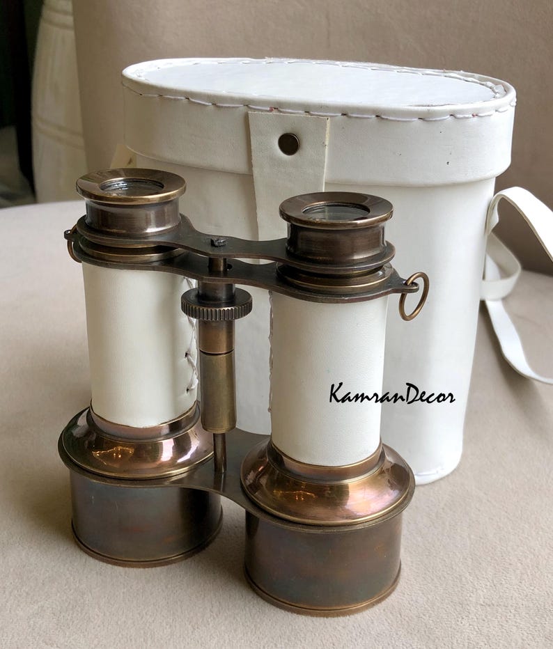 Antique Brass Binocular with White Leather Wrap and Case view 5