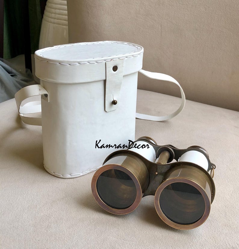 Antique Brass Binocular with White Leather Wrap and Case view 6