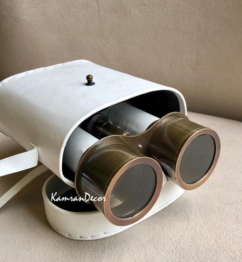 Antique Brass Binocular with White Leather Wrap and Case view 7