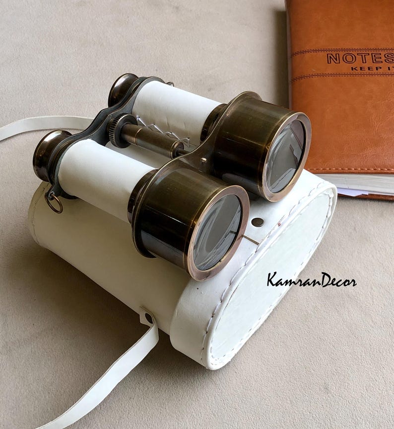 Antique Brass Binocular with White Leather Wrap and Case view 8