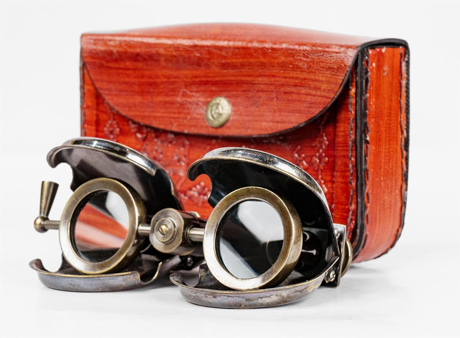 Folding Brass Binocular with Red Leather Case view 3