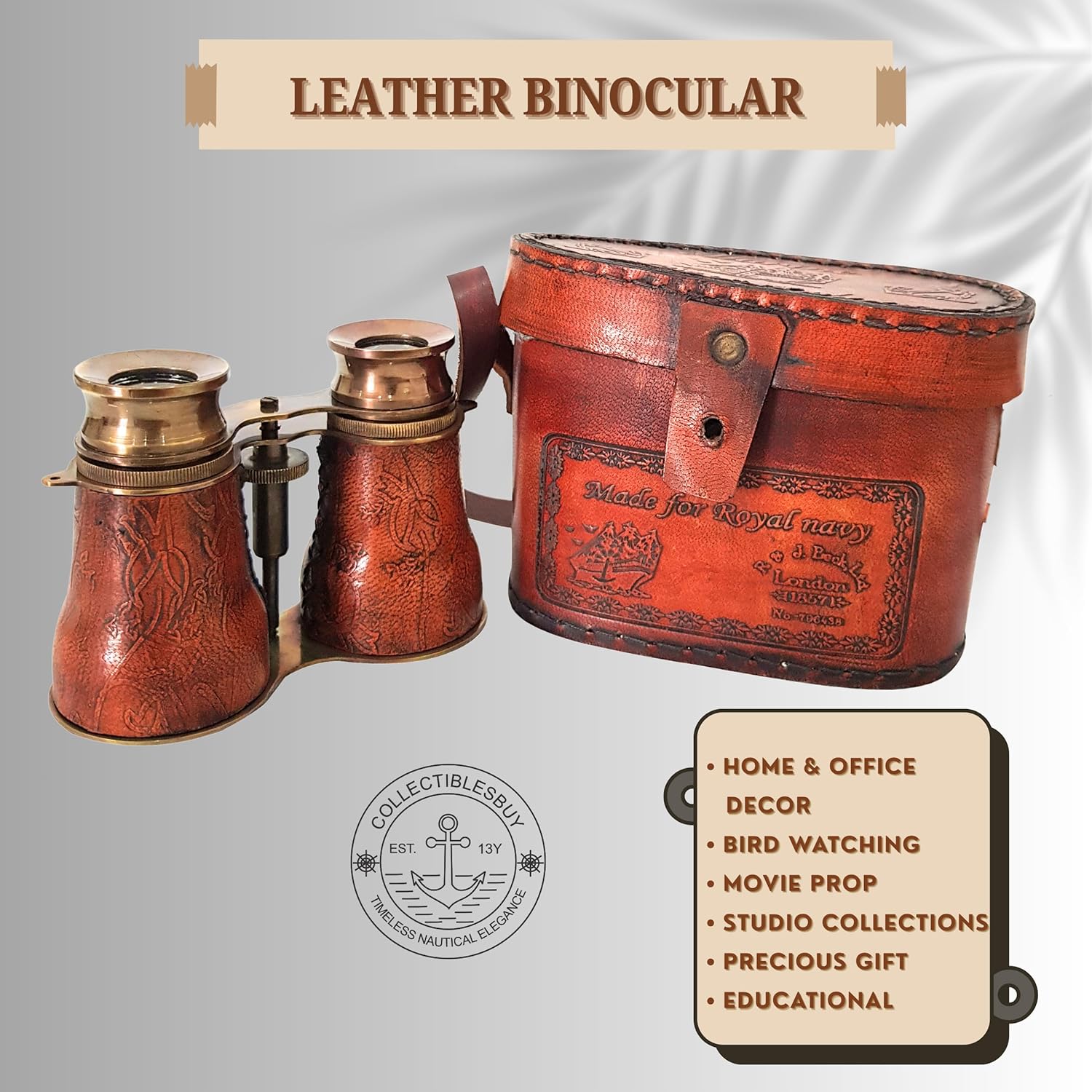 Leather Wrapped Brass Binocular with Matching Leather Case view 4